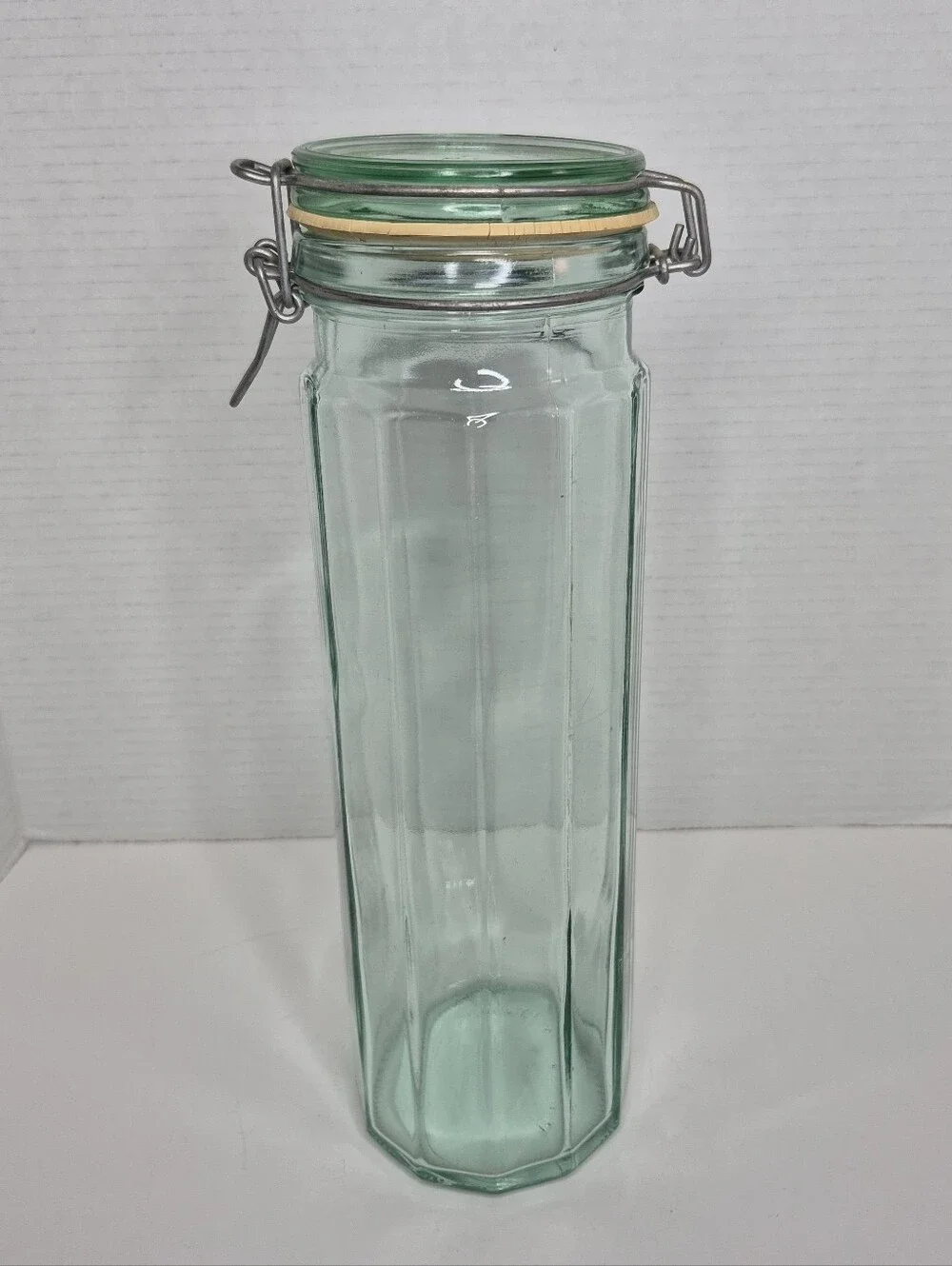 Vintage Vetreria Ettrusca Paneled Green Glass Jar Spaghetti Jar Italy 13in Tall